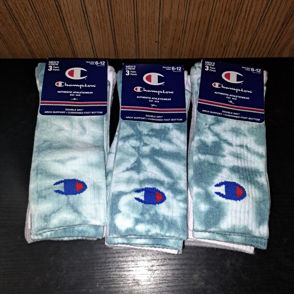 3 Pk Champion Cushioned Crew Socks Dry Mens Size 6-12 Tie Dye 3 Pairs Per Pk